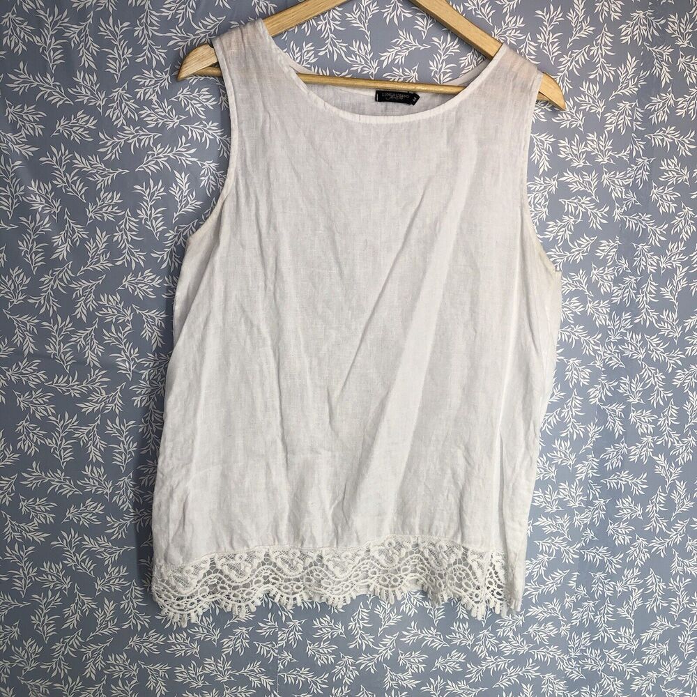 Lungo L'arno Made In Italy 100% Linen Crochet Sleeveless White Top Size M - Picture 9 of 15